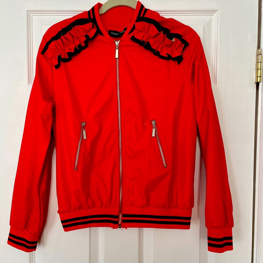 Red Bomber Jacket with Ruffle Detail